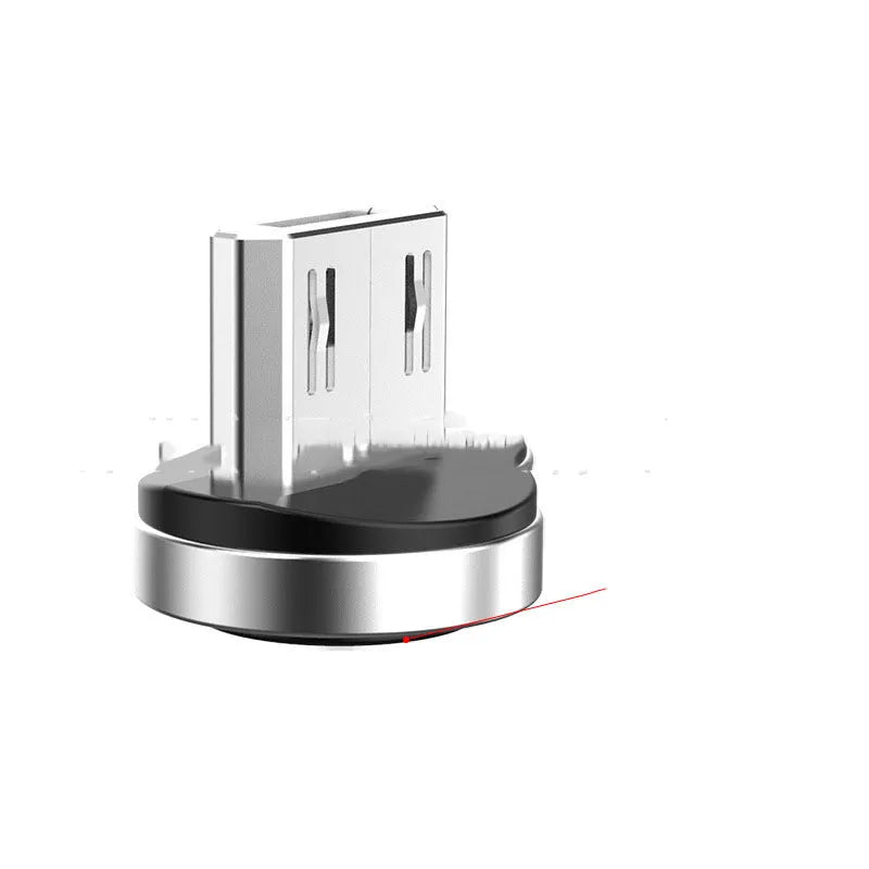 Black magnetic charging cable with rotating Apple, Micro USB, and USB-C connector heads on a white background.