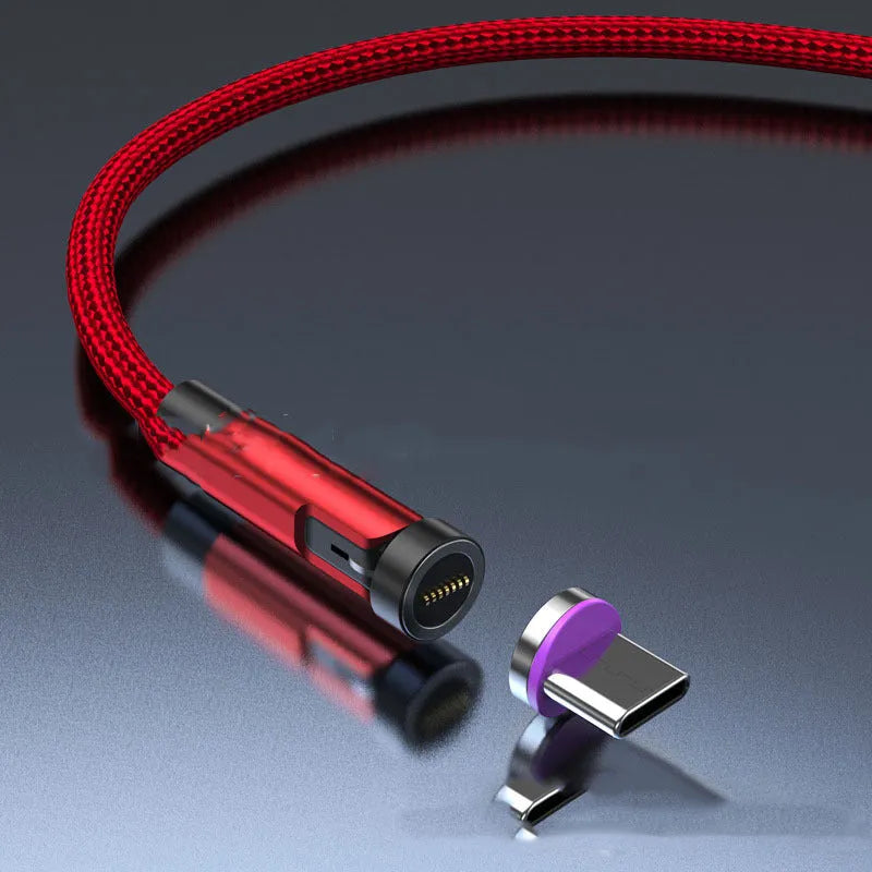 Black magnetic charging cable with rotating Apple, Micro USB, and USB-C connector heads on a white background.