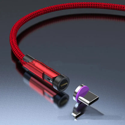 Black magnetic charging cable with rotating Apple, Micro USB, and USB-C connector heads on a white background.