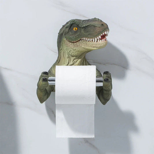 Resin Dinosaur Tissue Holder with Lever-Style Dispenser and Hanging Trough for Bathroom Organization