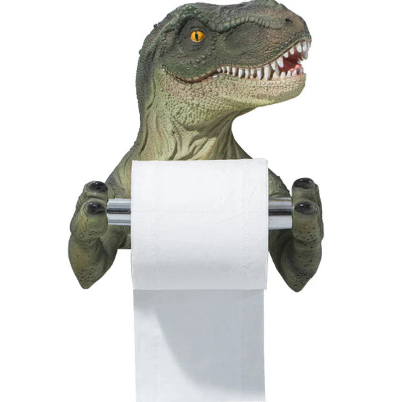 Resin Dinosaur Tissue Holder with Lever-Style Dispenser and Hanging Trough for Bathroom Organization