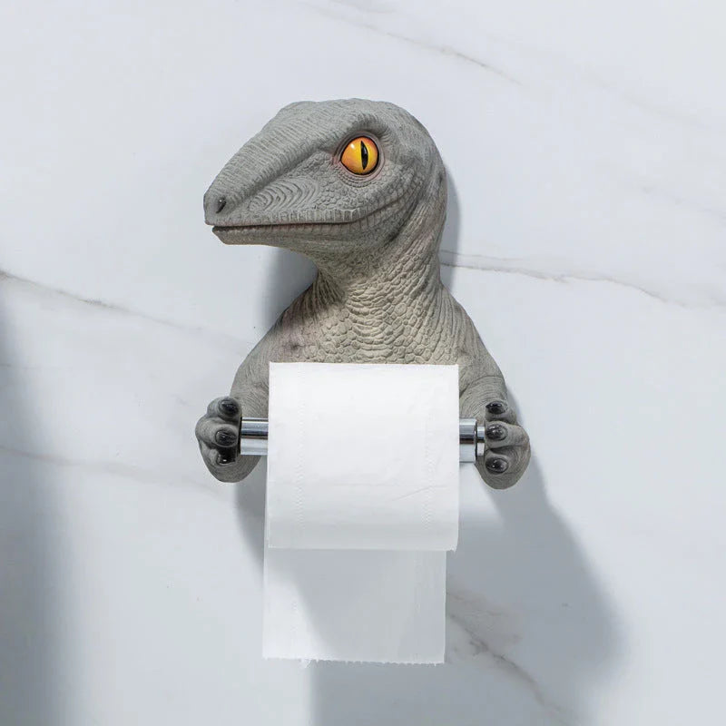 Resin Dinosaur Tissue Holder with Lever-Style Dispenser and Hanging Trough for Bathroom Organization