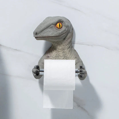 Resin Dinosaur Tissue Holder with Lever-Style Dispenser and Hanging Trough for Bathroom Organization
