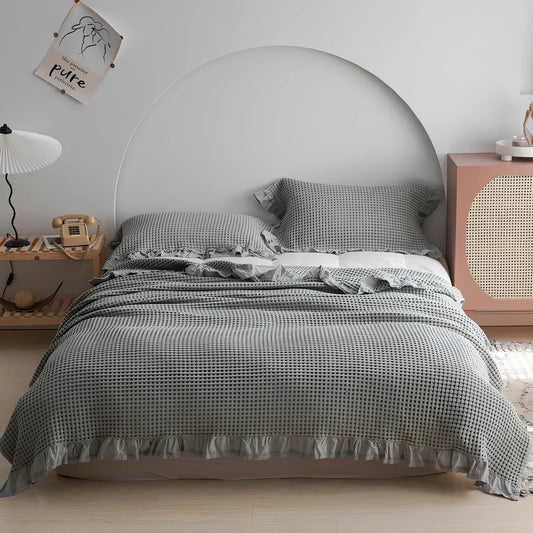 Japanese waffle plaid cotton blanket showing textured surface and Korean style pattern in blue colour option