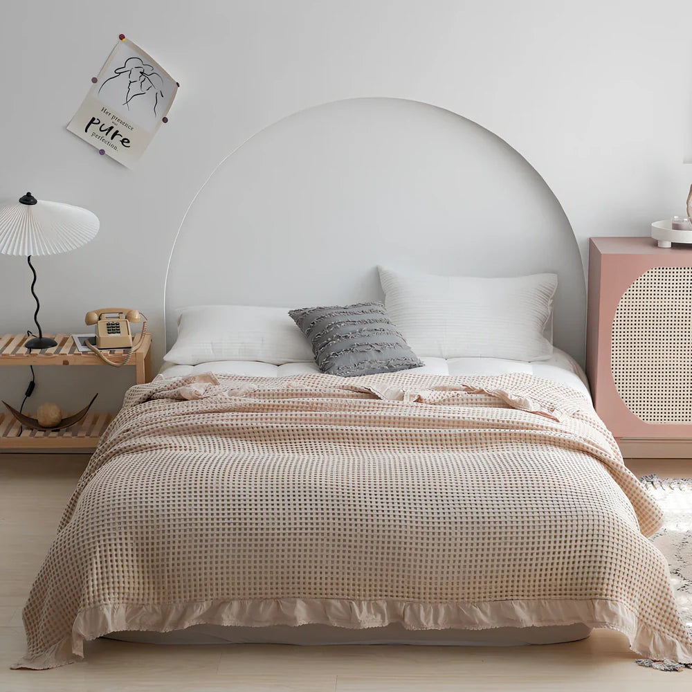 Japanese waffle plaid cotton blanket showing textured surface and Korean style pattern in blue colour option