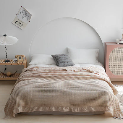 Japanese waffle plaid cotton blanket showing textured surface and Korean style pattern in blue colour option