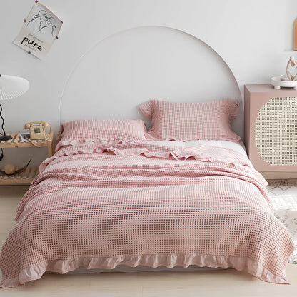 Japanese waffle plaid cotton blanket showing textured surface and Korean style pattern in blue colour option