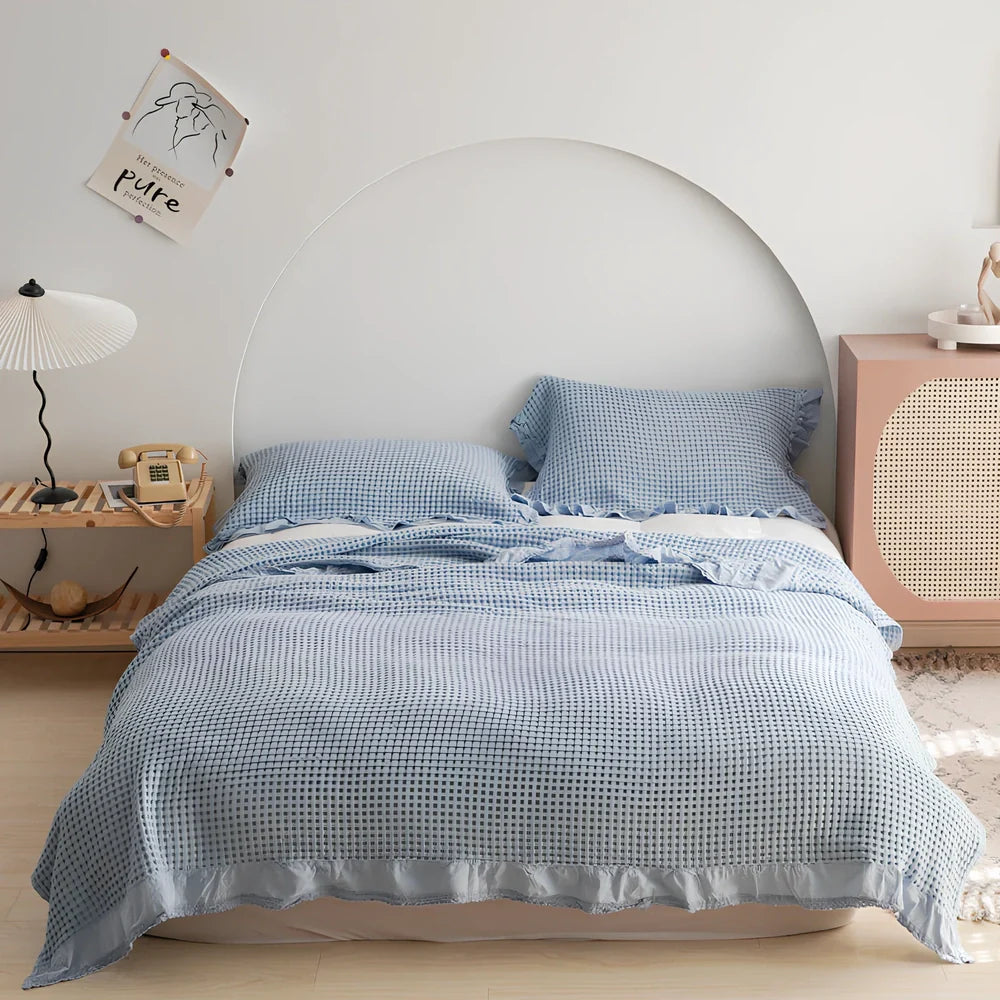 Japanese waffle plaid cotton blanket showing textured surface and Korean style pattern in blue colour option