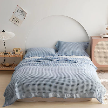 Japanese waffle plaid cotton blanket showing textured surface and Korean style pattern in blue colour option