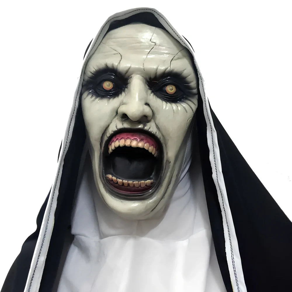 Halloween scary nun mask plastic construction with detailed facial features