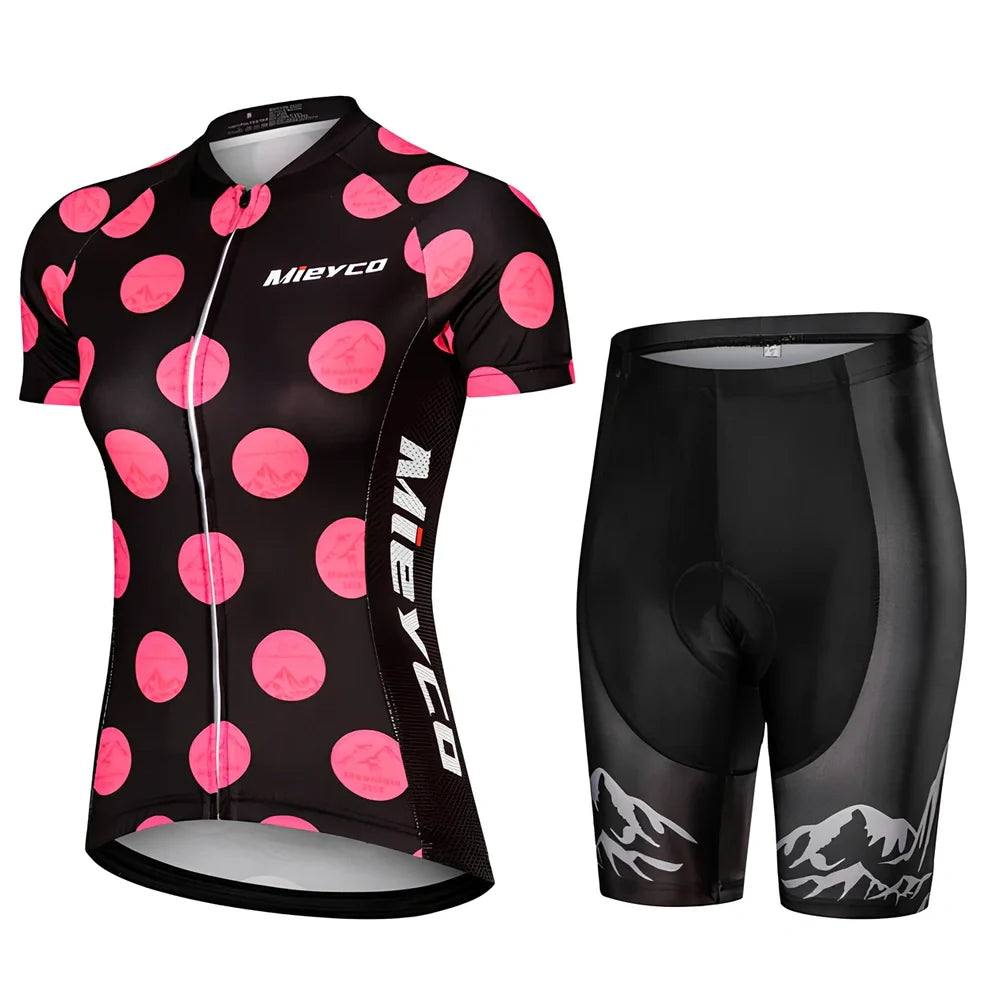 Red women's cycling set with compression fit and 5D gel padding for road biking