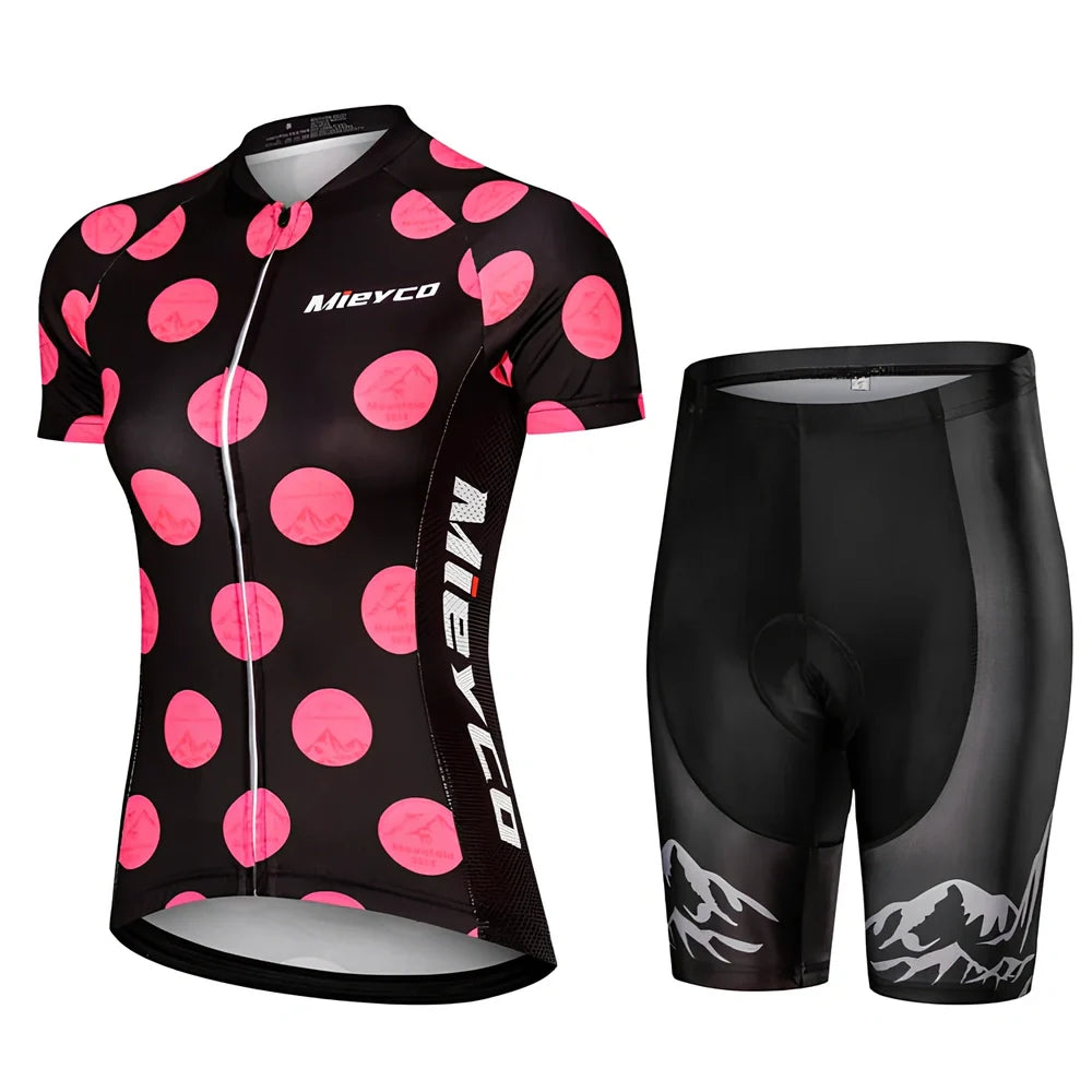 Red women's cycling set with compression fit and 5D gel padding for road biking
