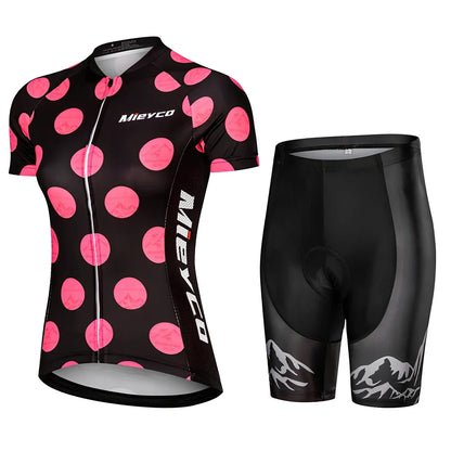 Red women's cycling set with compression fit and 5D gel padding for road biking