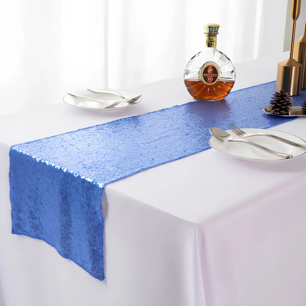 Polyester table runner with Gypsophila embroidery and sequin detailing in beige colour on wooden table