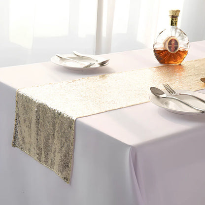 Polyester table runner with Gypsophila embroidery and sequin detailing in beige colour on wooden table