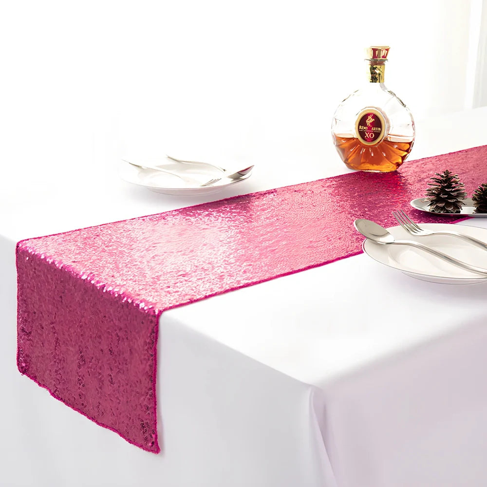 Polyester table runner with Gypsophila embroidery and sequin detailing in beige colour on wooden table