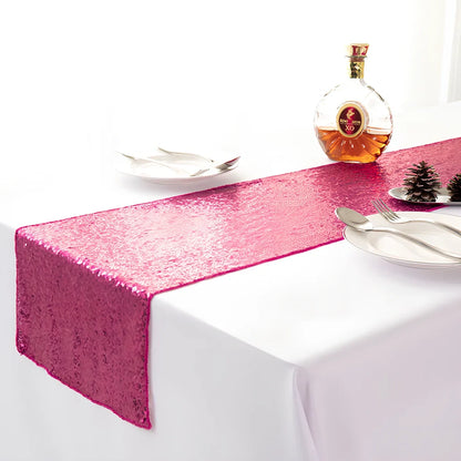 Polyester table runner with Gypsophila embroidery and sequin detailing in beige colour on wooden table