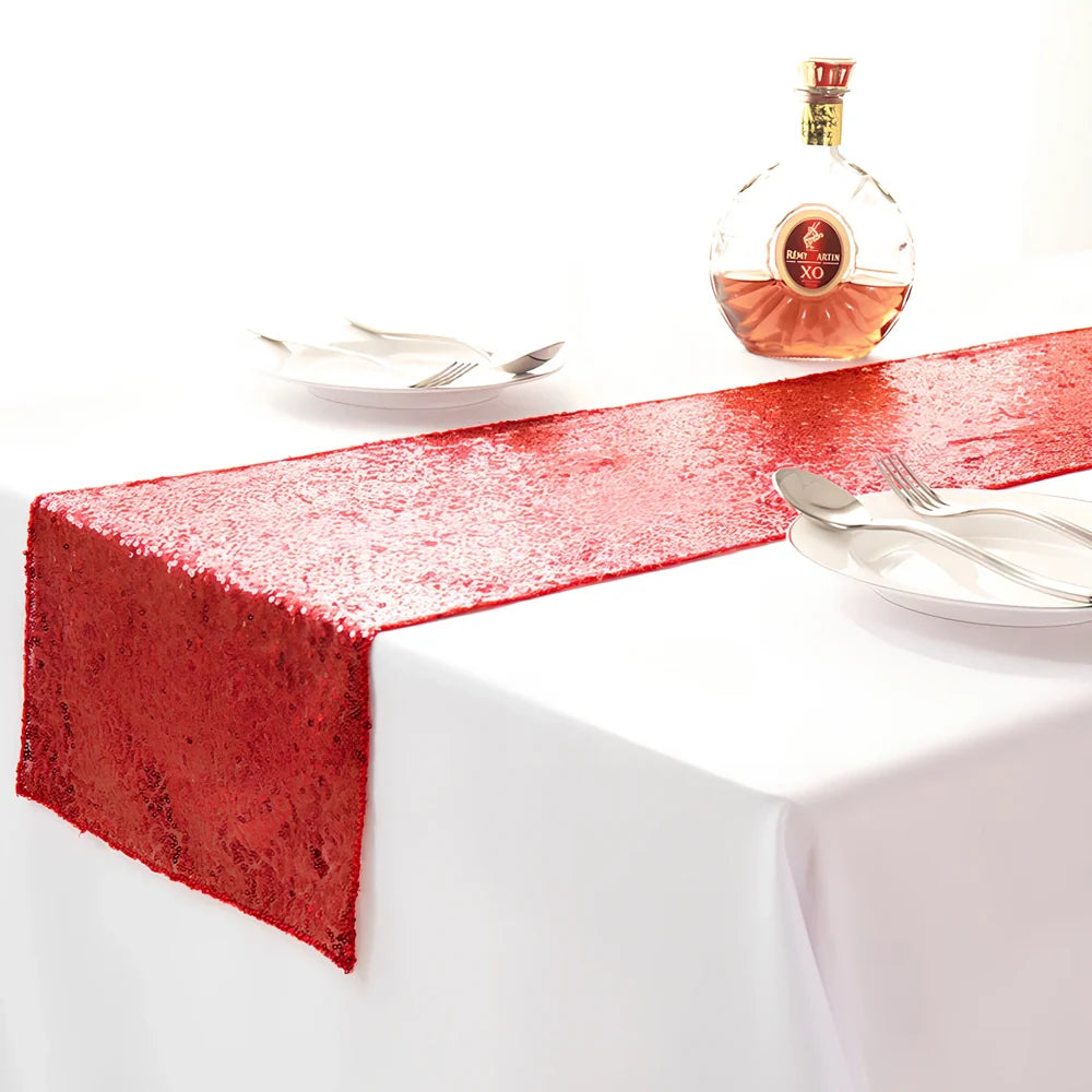 Polyester table runner with Gypsophila embroidery and sequin detailing in beige colour on wooden table