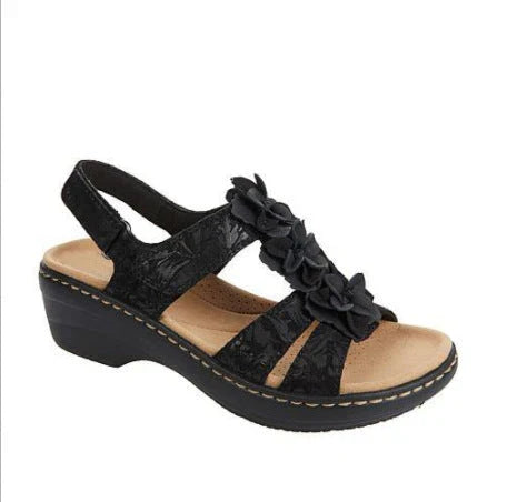 Stylish flower-adorned sandals with comfortable wedge heel in various colors