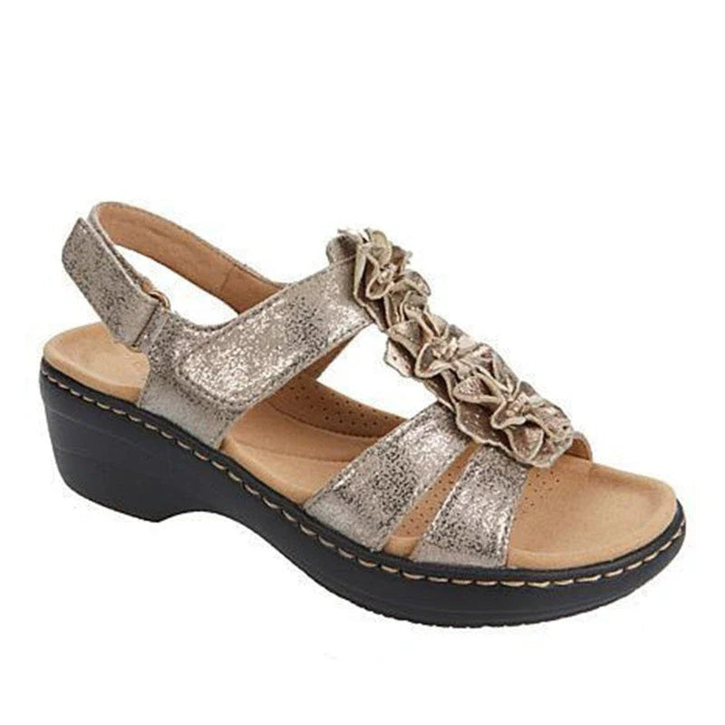 Stylish flower-adorned sandals with comfortable wedge heel in various colors