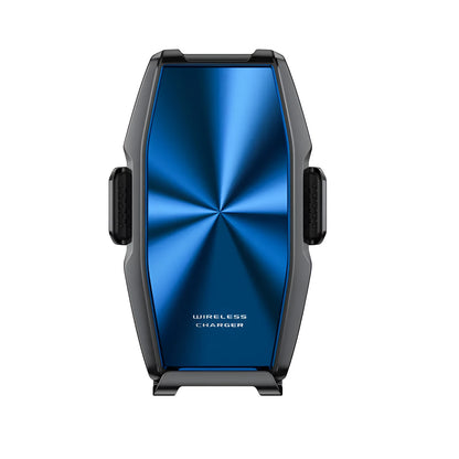 Blue car wireless charger with integrated mobile phone holder showing LED indicator lights