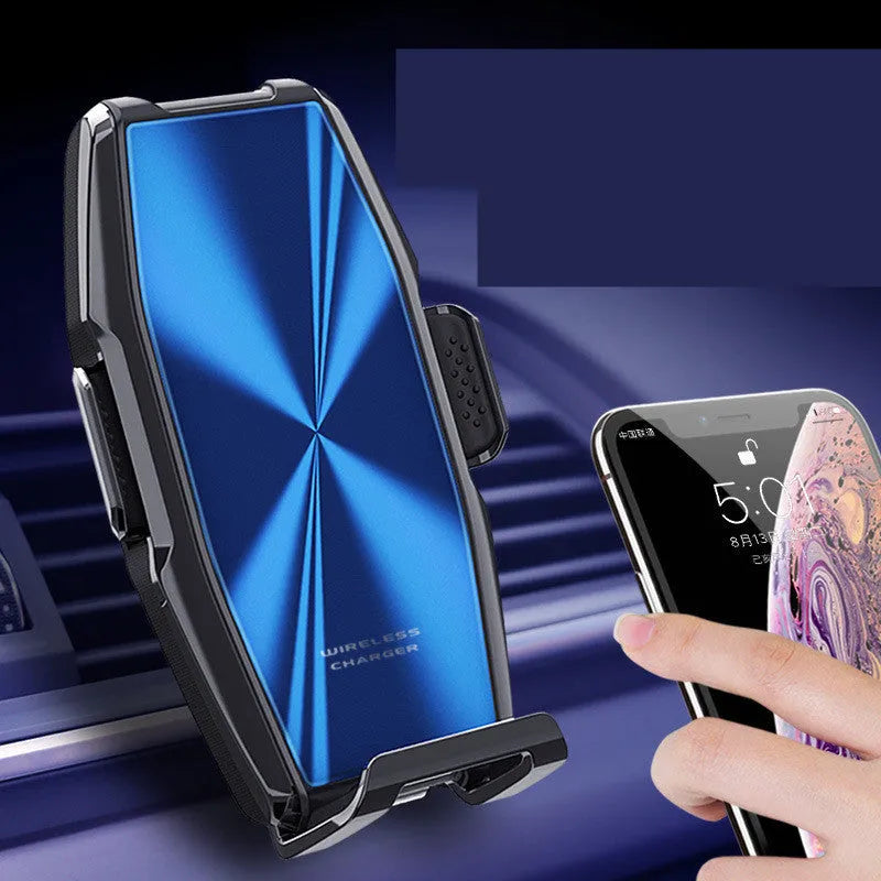 Blue car wireless charger with integrated mobile phone holder showing LED indicator lights