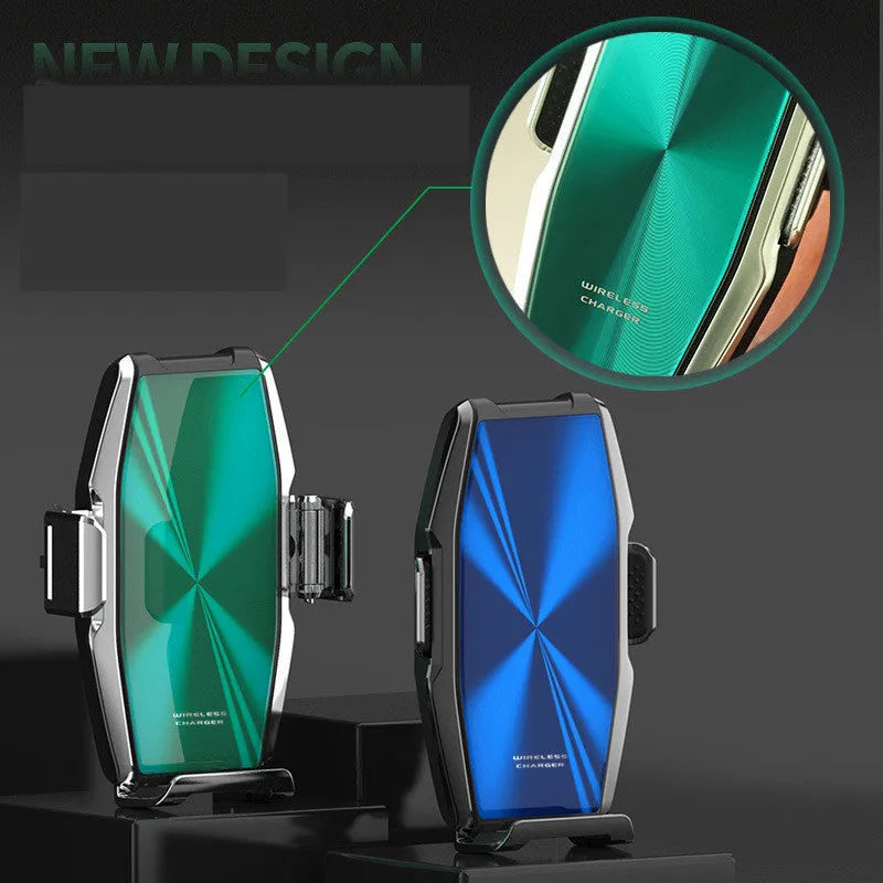 Blue car wireless charger with integrated mobile phone holder showing LED indicator lights