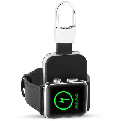 Black Apple Watch keychain charger showing 127mm length, 41mm width, with 1000mAh battery capacity