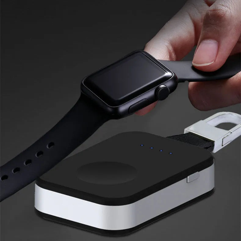 Black Apple Watch keychain charger showing 127mm length, 41mm width, with 1000mAh battery capacity