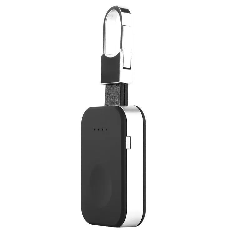 Black Apple Watch keychain charger showing 127mm length, 41mm width, with 1000mAh battery capacity