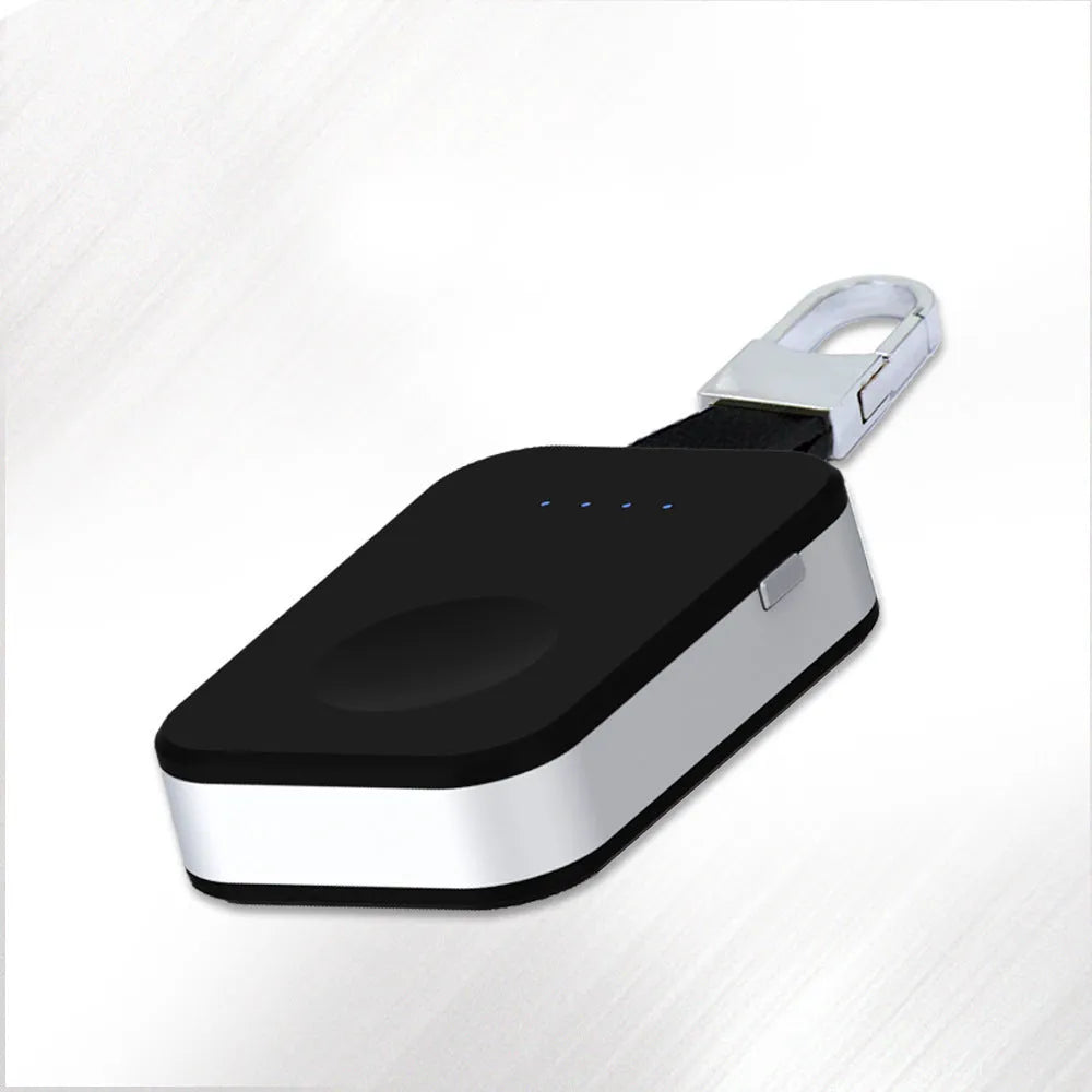 Black Apple Watch keychain charger showing 127mm length, 41mm width, with 1000mAh battery capacity