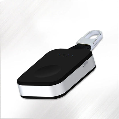 Black Apple Watch keychain charger showing 127mm length, 41mm width, with 1000mAh battery capacity