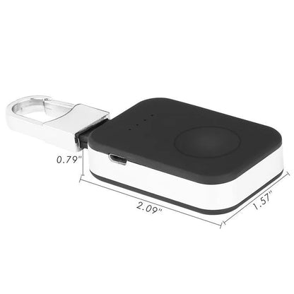 Black Apple Watch keychain charger showing 127mm length, 41mm width, with 1000mAh battery capacity