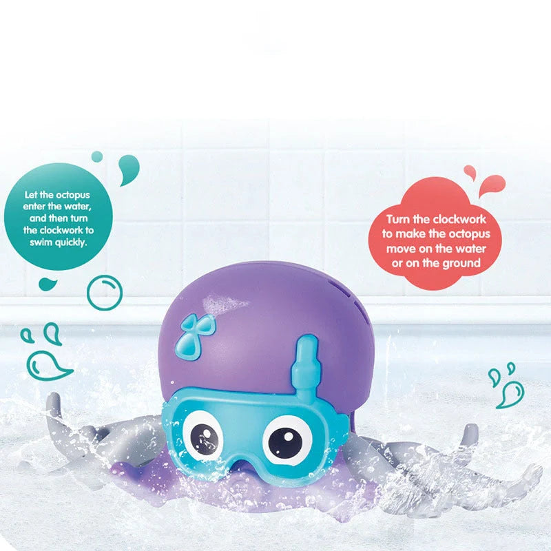 Floating octopus toy in purple and blue, designed for bath and beach play