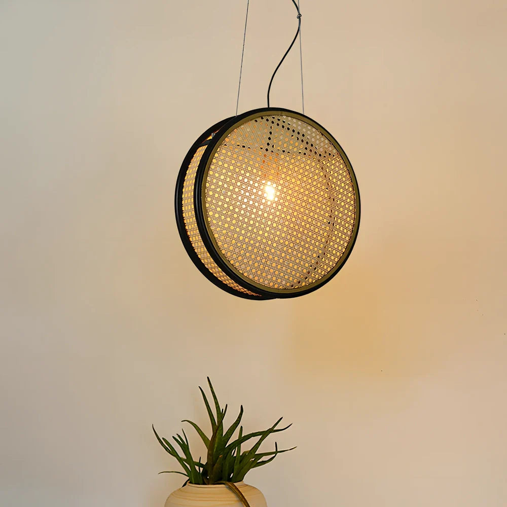 Rattan retro chandelier with black-rimmed 30cm and 40cm panels, iron body, and fishing line design for corridor lighting