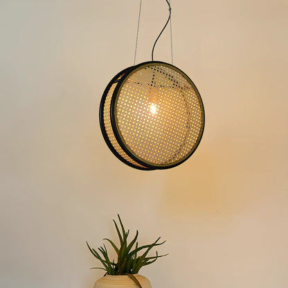 Rattan retro chandelier with black-rimmed 30cm and 40cm panels, iron body, and fishing line design for corridor lighting