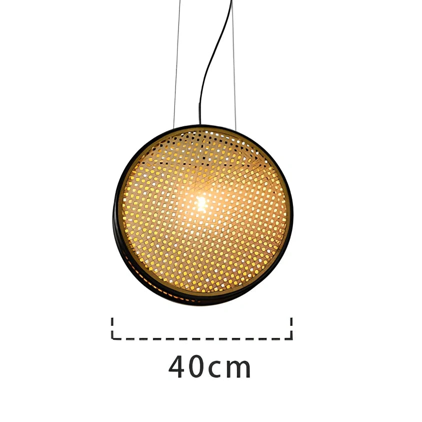 Rattan retro chandelier with black-rimmed 30cm and 40cm panels, iron body, and fishing line design for corridor lighting
