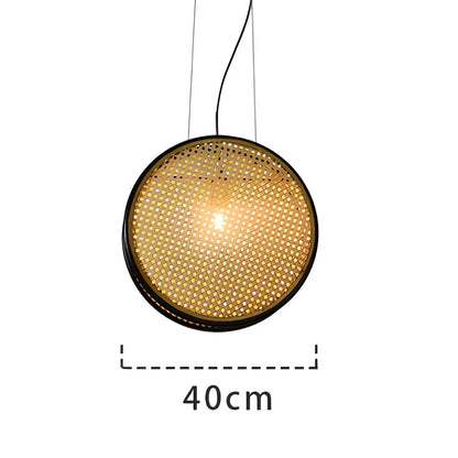 Rattan retro chandelier with black-rimmed 30cm and 40cm panels, iron body, and fishing line design for corridor lighting