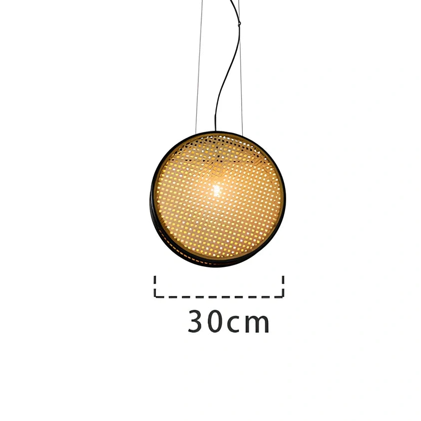 Rattan retro chandelier with black-rimmed 30cm and 40cm panels, iron body, and fishing line design for corridor lighting