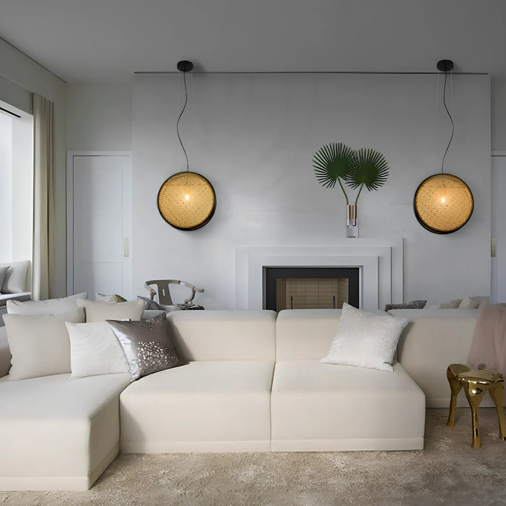 Rattan retro chandelier with black-rimmed 30cm and 40cm panels, iron body, and fishing line design for corridor lighting