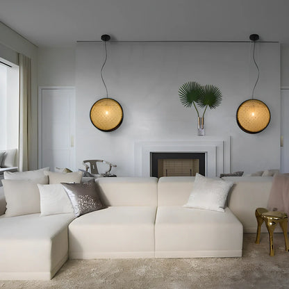 Rattan retro chandelier with black-rimmed 30cm and 40cm panels, iron body, and fishing line design for corridor lighting