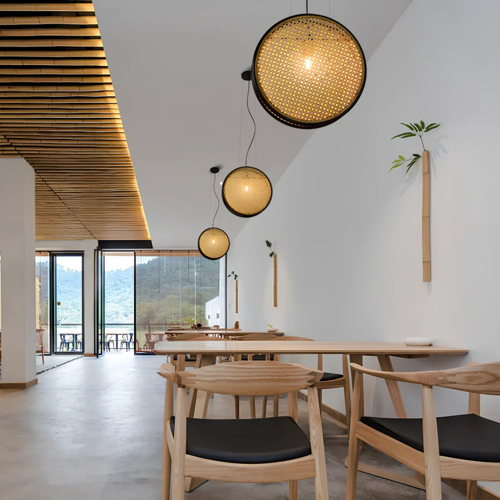 Rattan retro chandelier with black-rimmed 30cm and 40cm panels, iron body, and fishing line design for corridor lighting