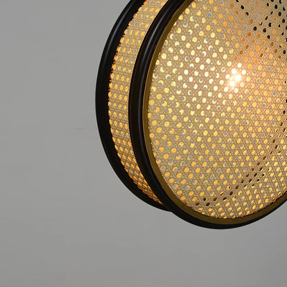 Rattan retro chandelier with black-rimmed 30cm and 40cm panels, iron body, and fishing line design for corridor lighting