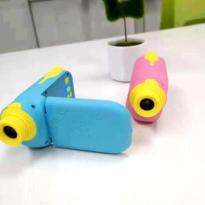 Blue children's DV camera with 2-inch screen, lanyard, and charging cable