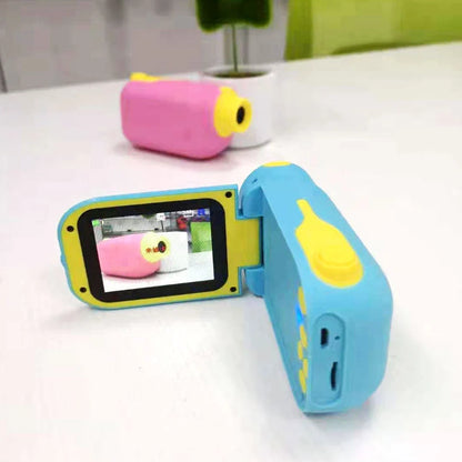 Blue children's DV camera with 2-inch screen, lanyard, and charging cable