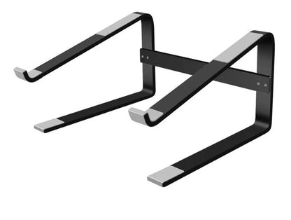 Silver aluminium alloy laptop stand with 260x240x150mm dimensions on wooden desk