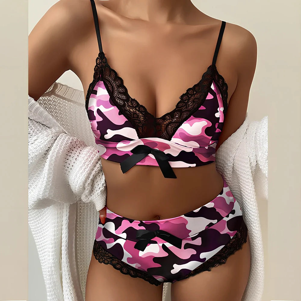 Women's red lace suspender lingerie set with adjustable straps and matching underwear