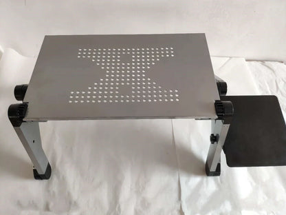 Black aluminium folding computer desk with adjustable legs and non-slip baffles for laptop stability