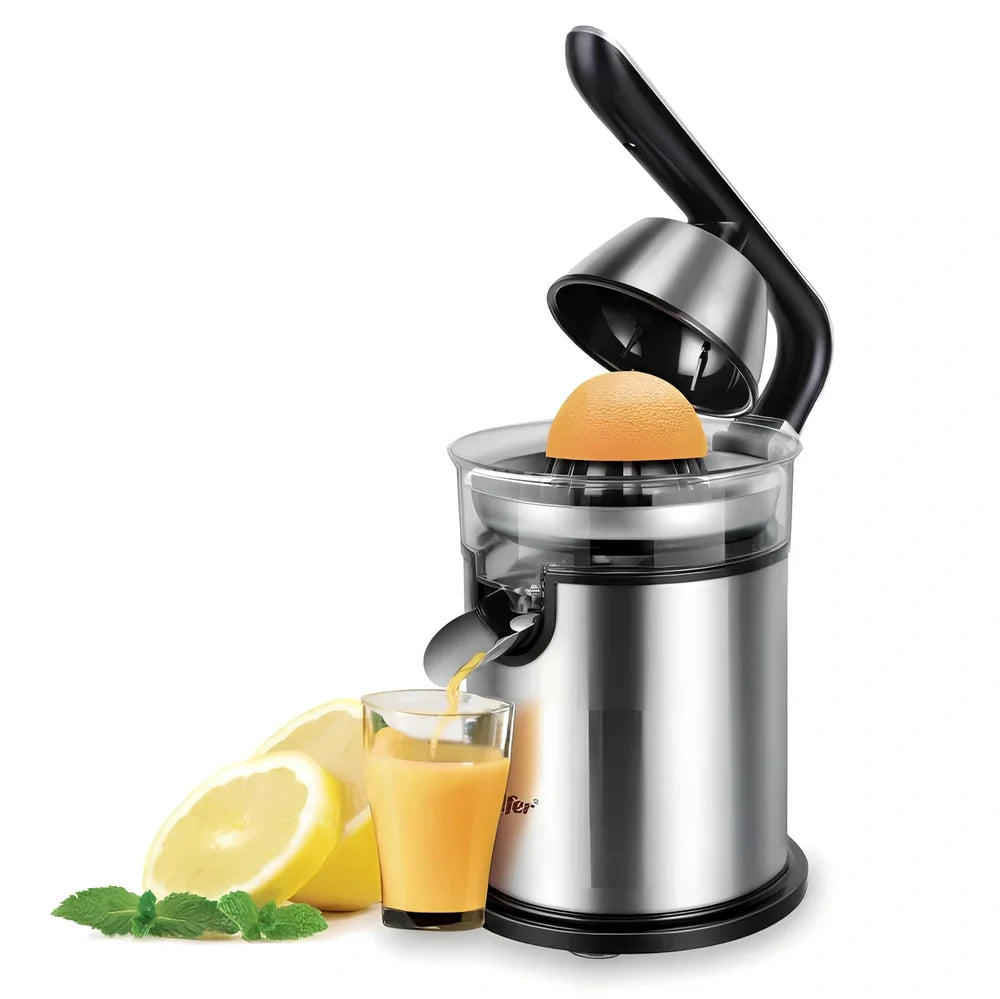 Red electric lemon juicer with round feeding port and manual operation mechanism