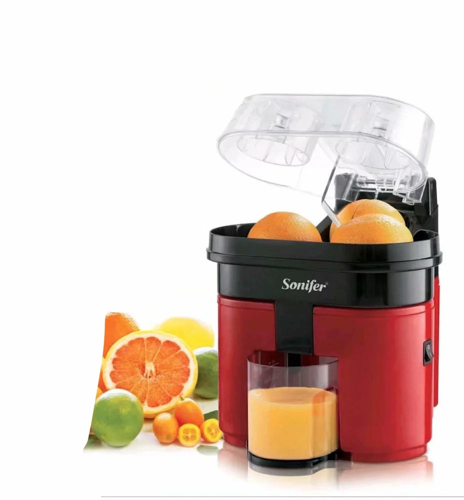 Red electric lemon juicer with round feeding port and manual operation mechanism